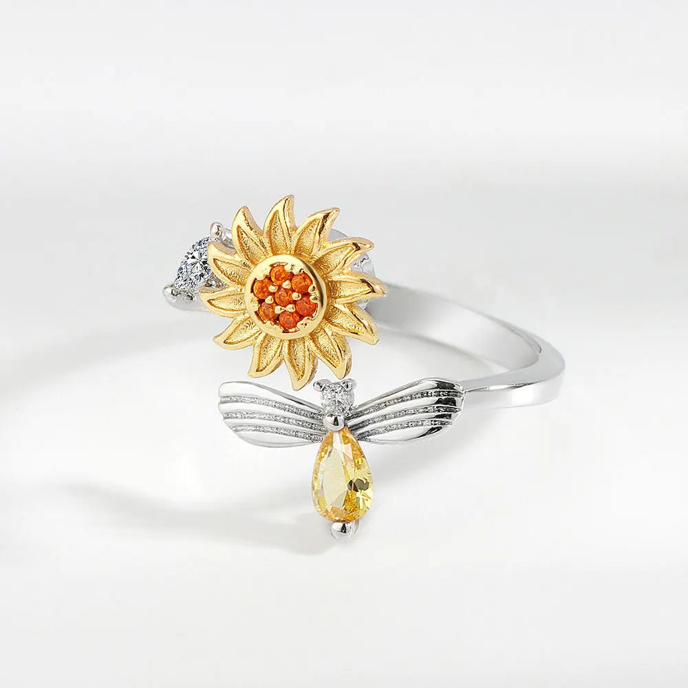 Rotating Spinner Sunflower Rings for Women Men Stainless Steel Open Adjustable Anxiety Ring Fidget Jewelry Best Gift for Her