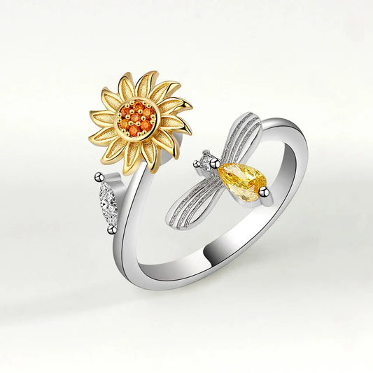 Rotating Spinner Sunflower Rings for Women Men Stainless Steel Open Adjustable Anxiety Ring Fidget Jewelry Best Gift for Her
