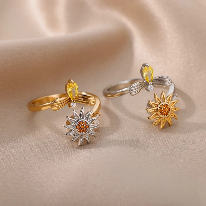Rotating Spinner Sunflower Rings for Women Men Stainless Steel Open Adjustable Anxiety Ring Fidget Jewelry Best Gift for Her